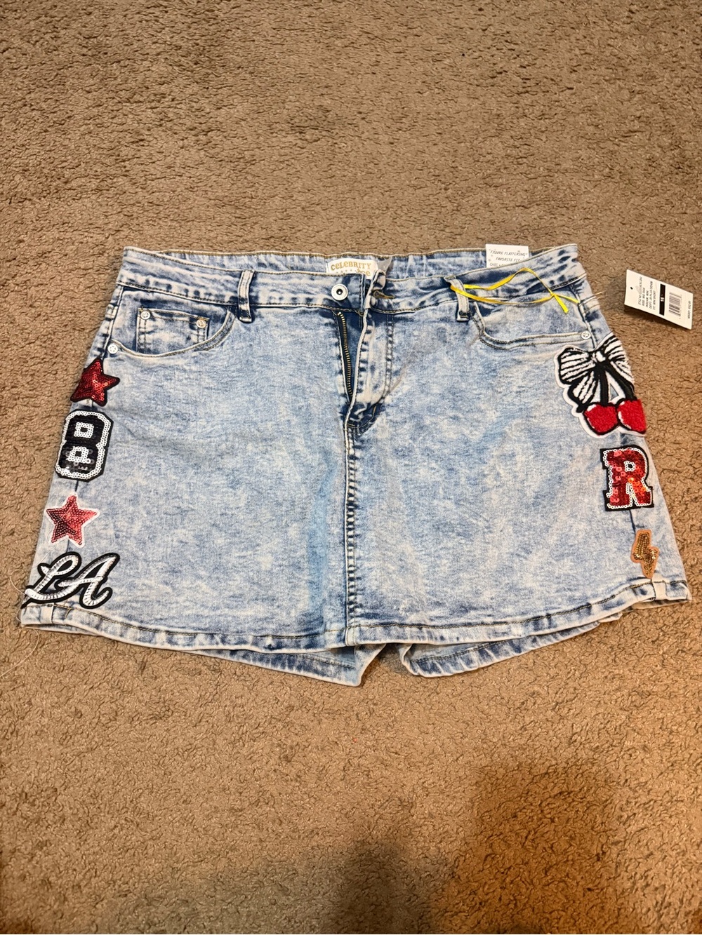 Light Wash Embroidered Denim Skort with Patches - Celebrity Ace